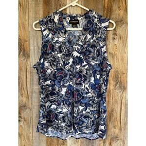 Liz Claiborne Career Blouse Women’s L Blue Floral Sleeveless V-Neck Stretch Top